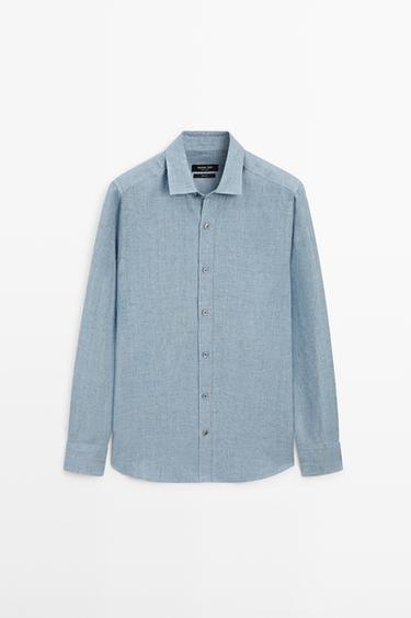 Zara Garment-dyed 100% linen regular fit shirt - Bluish