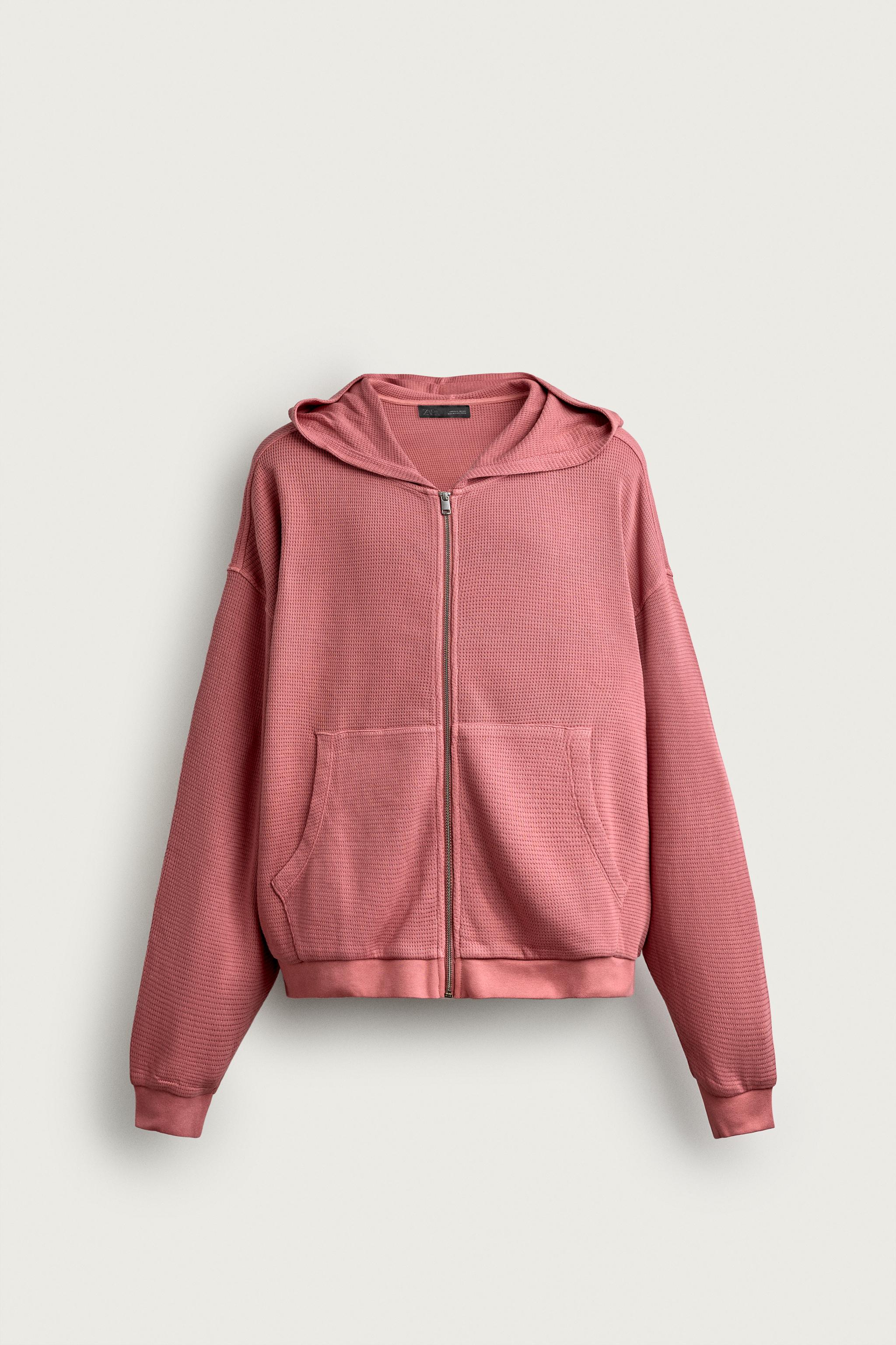 WAFFLE TEXTURE HOODIE TRACK SWEATSHIRT — Pink