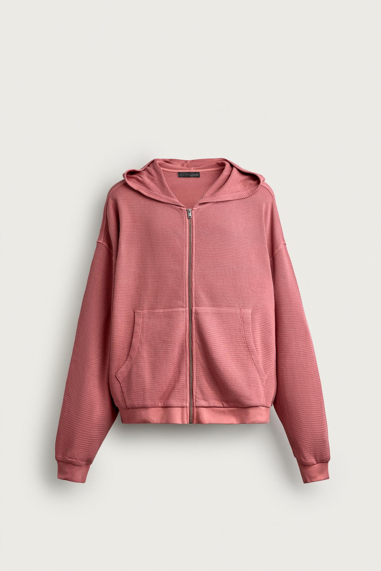 WAFFLE TEXTURE HOODIE TRACK JACKET — Pink