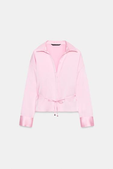 Zara SATIN EFFECT BLOUSE WITH THIN BELT - Pink