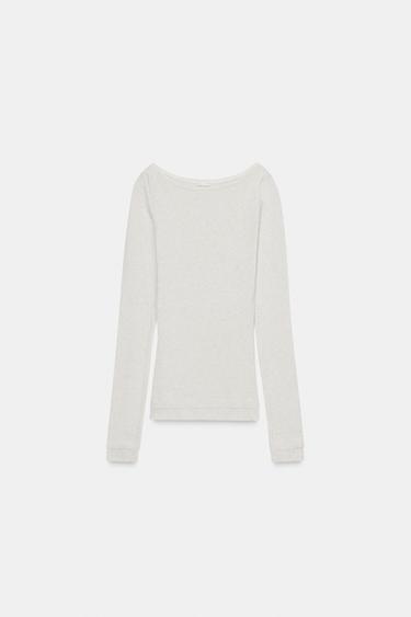 T-SHIRT MIT U-BOOT-AUSSCHNITT UND RIPPSTRUKTUR - Cremefarben / meliert von Zara