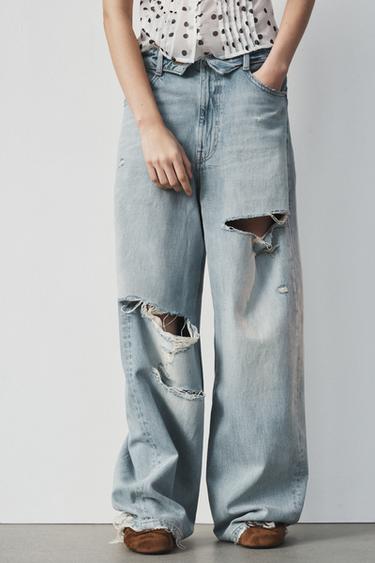 TRF FOLDED WAIST MID-WAIST JEANS - Light blue by Zara