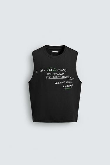 Zara PRINTED TEXT TANK TOP - Black