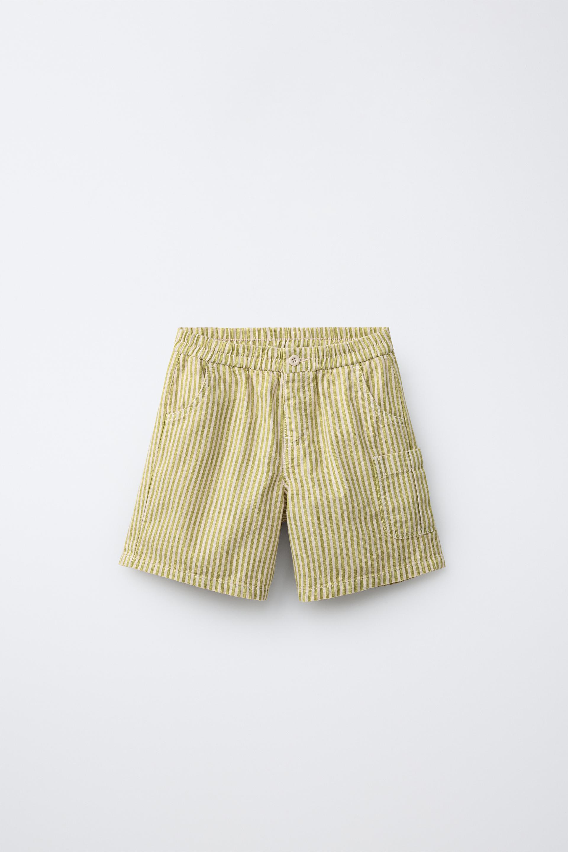 Striped Cotton Linen Bermuda Shorts