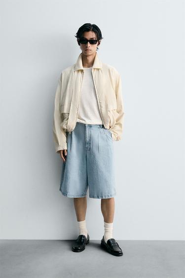 PLEATED RELAXED FIT DENIM BERMUDA SHORTS - Light blue by Zara