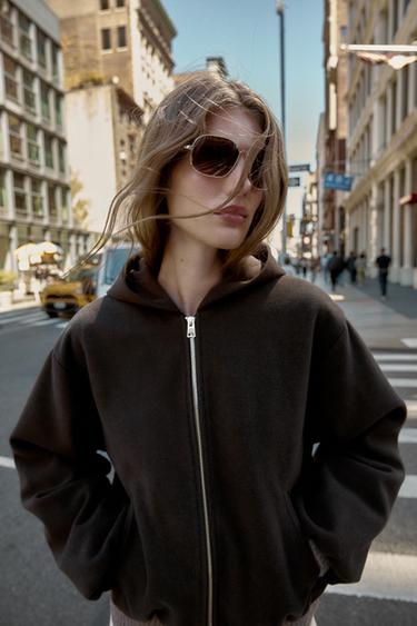 HOODED JACKET WITH ELASTIC HEM - Brown by Zara - Image 1