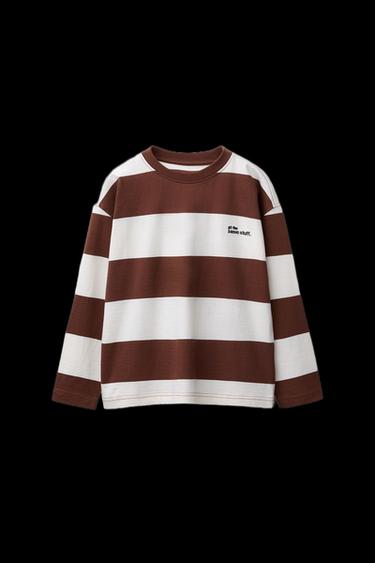 GESTREIFTES T-SHIRT MIT GESTICKTEM SCHRIFTZUG - Cremefarben / Braun von Zara - Bild 0