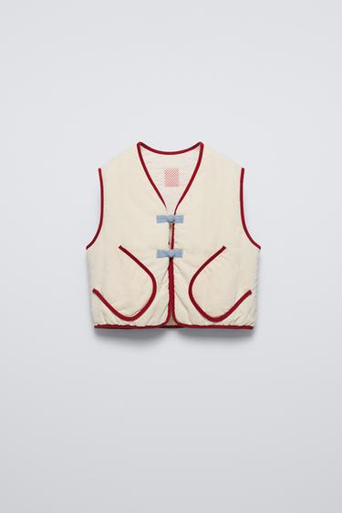 Zara CONTRASTING FINE WALE CORDUROY VEST - Ecru