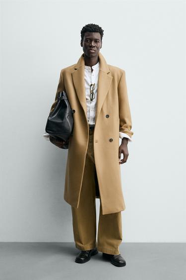 Zara DOUBLE-BREASTED WOOL BLEND COAT - taupe brown