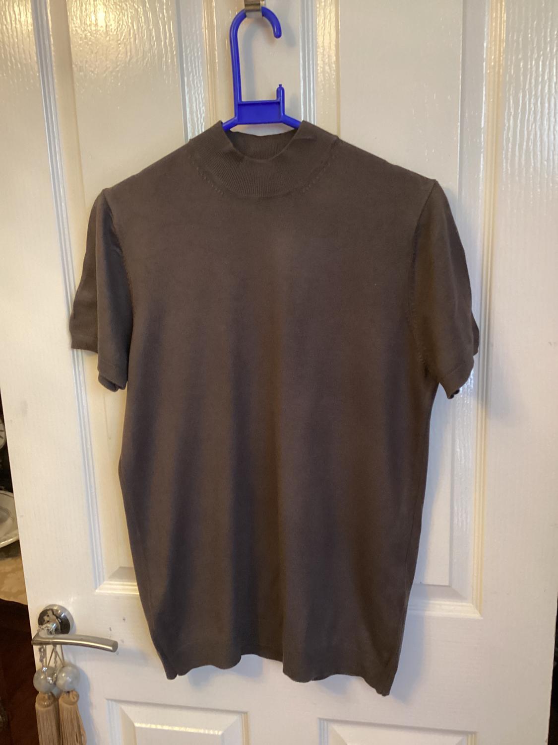 Front view of a brown short-sleeved high-neck t-shirt.