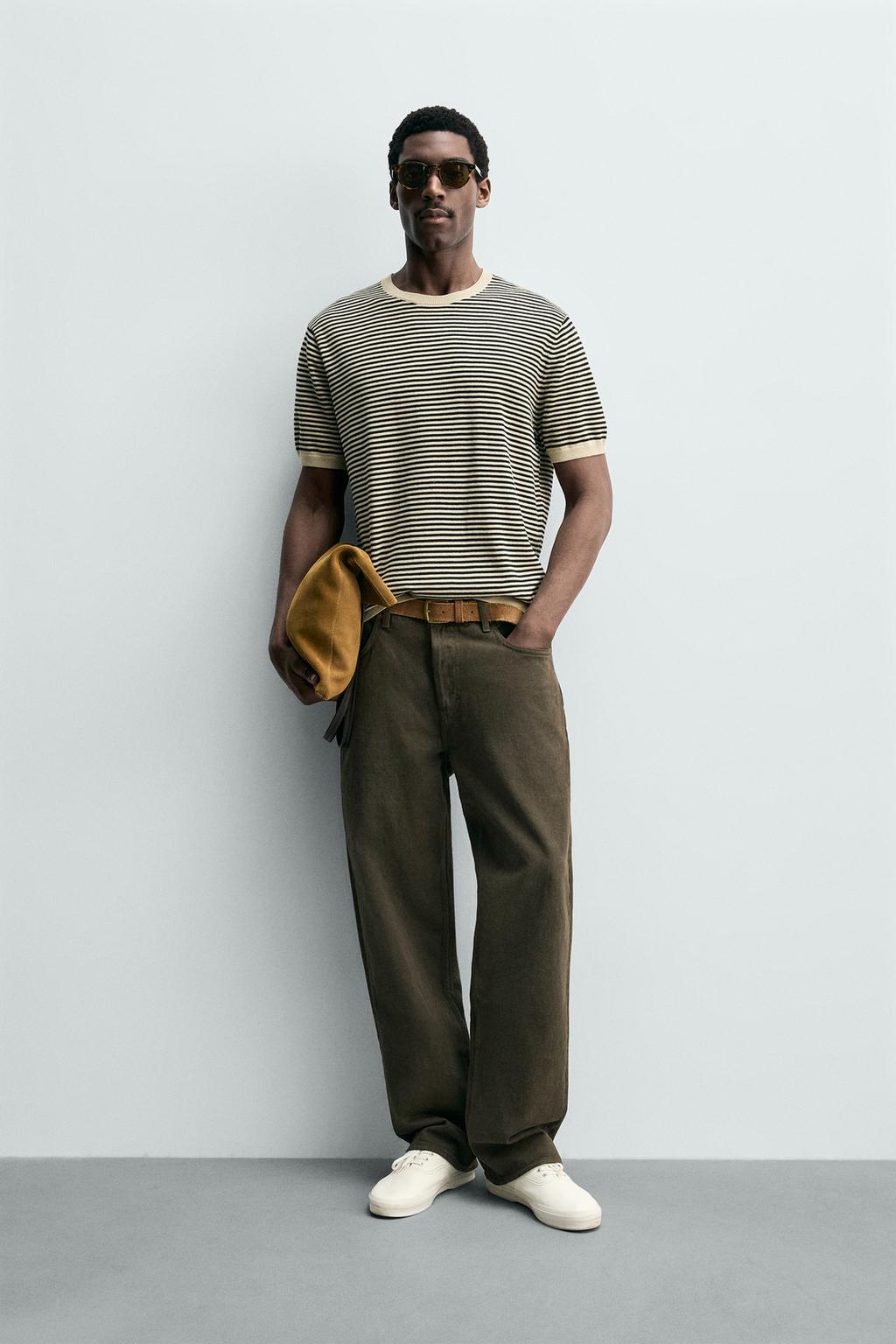ZARA STRIPED COTTON LINEN KNIT T-SHIRT
