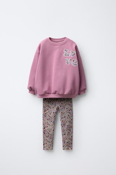 ENSEMBLE JOGGING SWEAT ET LEGGING CÔTELÉ FLEURS - Rose de Zara