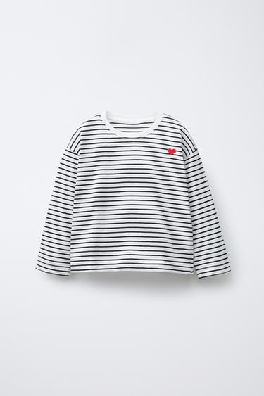 Zara STRIPED T-SHIRT WITH EMBROIDERED HEART - Black
