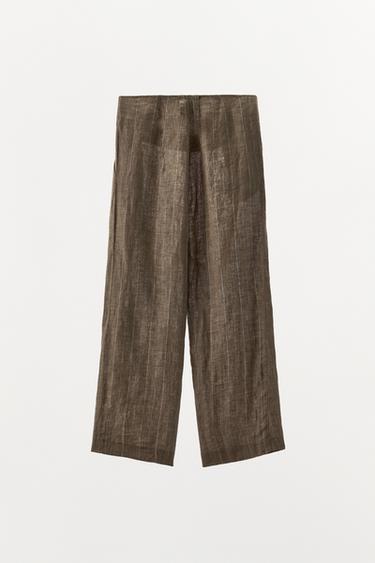 STRIPED LINEN BAGGY TROUSERS - Brown by Zara - Image 5