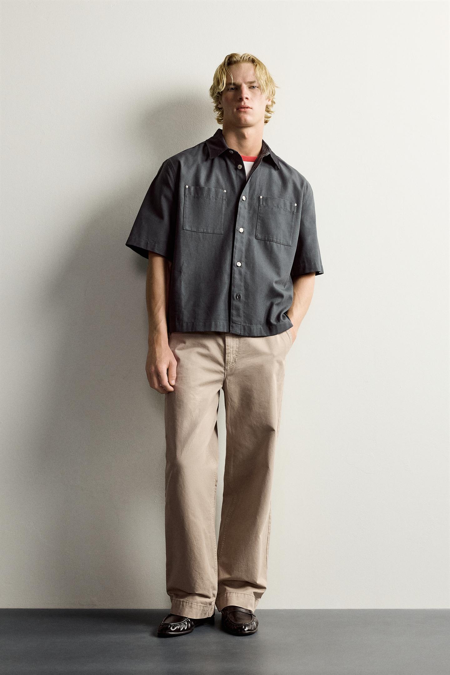 Мужская рубашка Zara Contrast Collar Pocket, цвет: Антрацитовый серый — фото 1