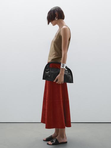 Zara Suede leather flared midi skirt - Red