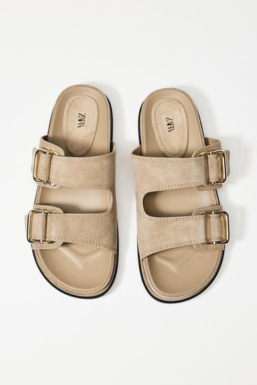 Zara SPLIT LEATHER STRAPPY FLAT SANDALS - Sandy Brown
