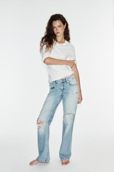 TRF RIPPED LOW-RISE WIDE-LEG JEANS - Blue by Zara