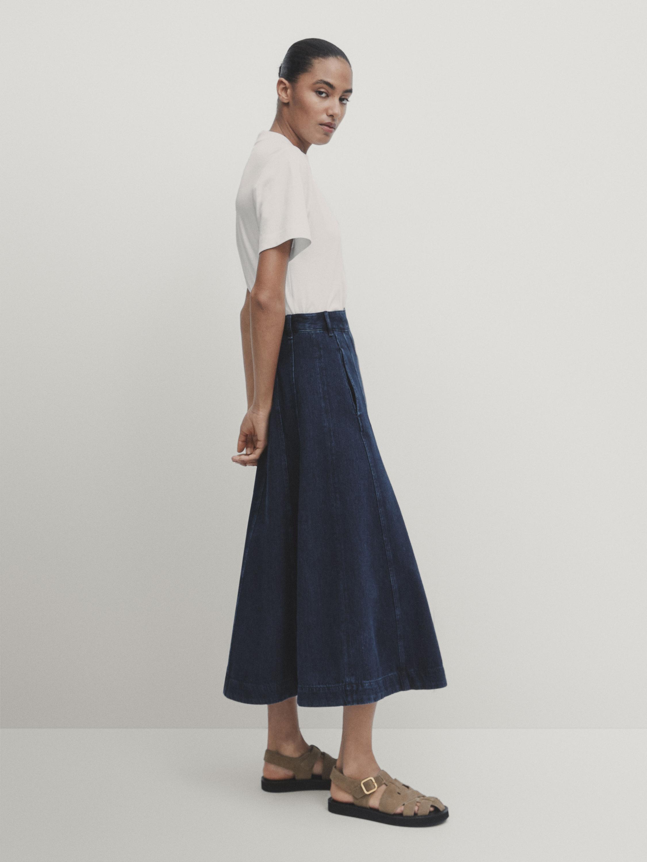 Zara distressed hotsell denim midi skirt