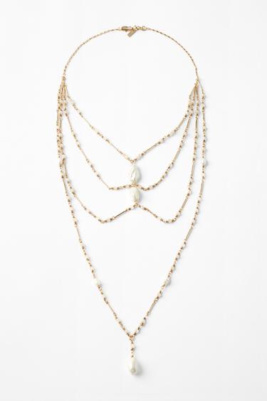 CONTRAST FAUX PEARL CASCADE NECKLACE - Golden by Zara