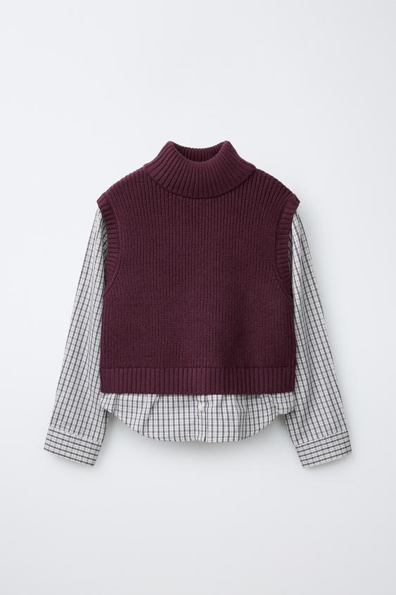 CAMISA CUADROS COMBINADA CHALECO PUNTO - Burgundy de Zara - Imagen 0