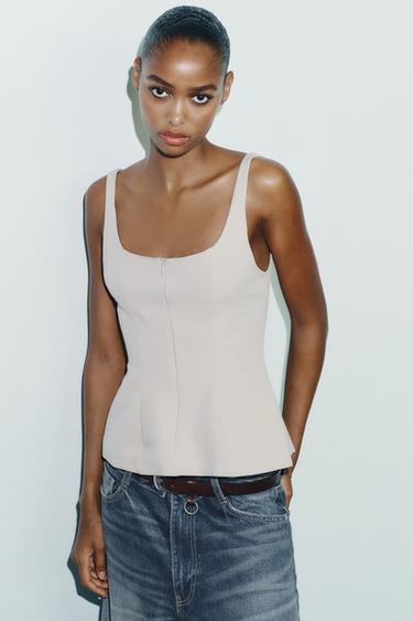 Zara ZIPPER PEPLUM TOP - Beige