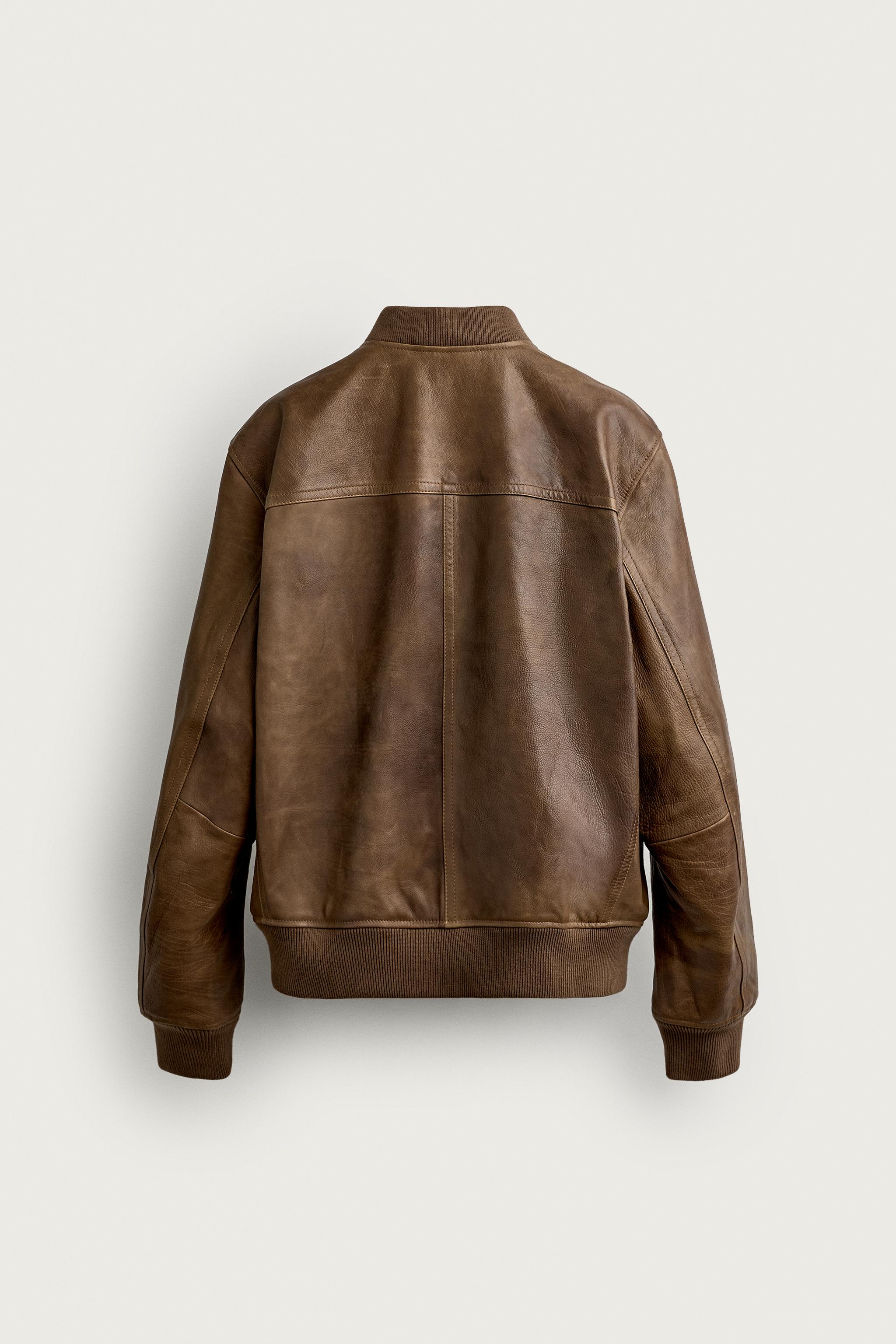 VINTAGE-EFFECT LEATHER BOMBER JACKET — Brown (alternate view)