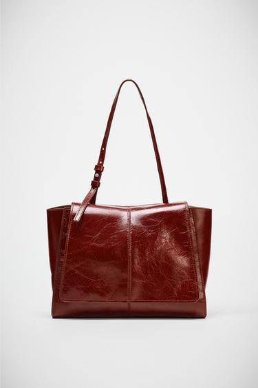 LEATHER DOUBLE POCKET MINI TOTE BAG - Cherry Red by Zara