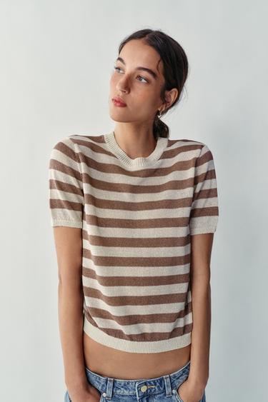 STRIKKET TOP MED KORTE ÆRMER - råhvid/brun fra Zara