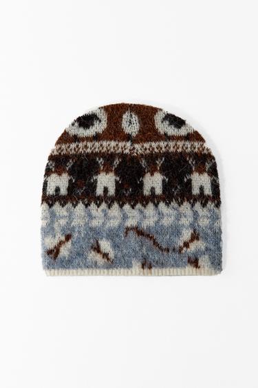 قبعة بيني محبوكة ومطبوعة - أزرق by Zara
