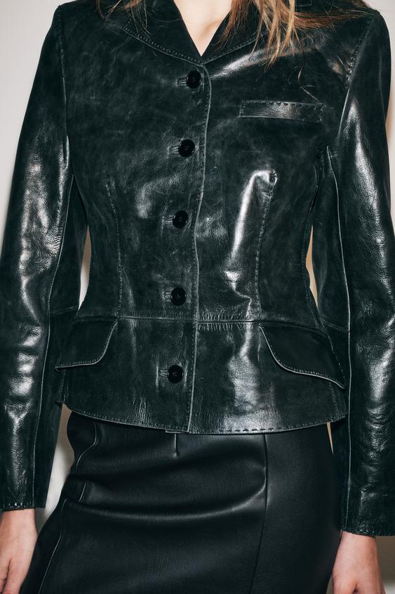 BLAZER CUIR 100% SURPIQÛRES ZW COLLECTION - Noir délavé de Zara - Image 3