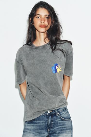 Zara WASHED EFFECT PRINTED T-SHIRT - Gray