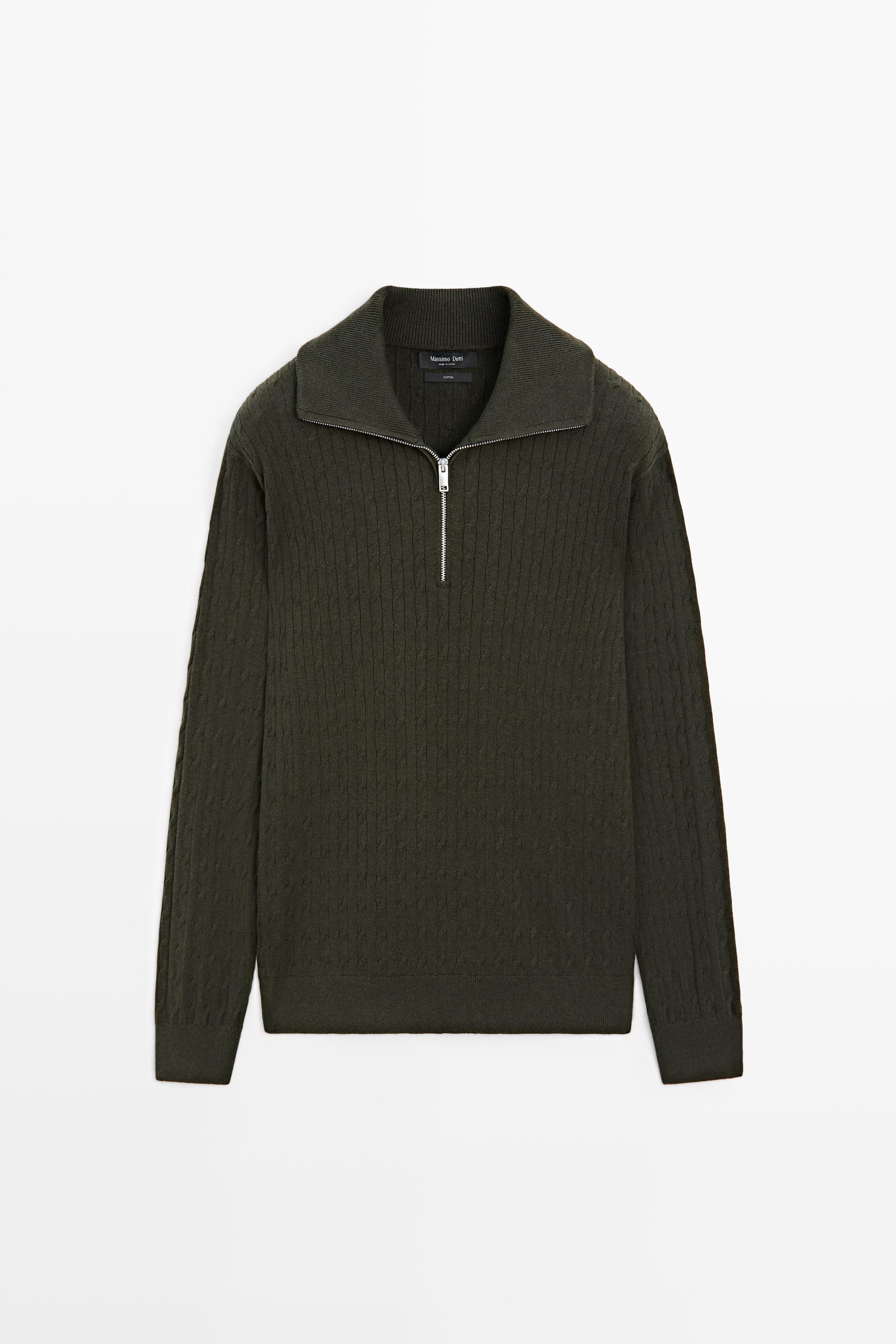 Mock neck knit zip sweater — KHAKI