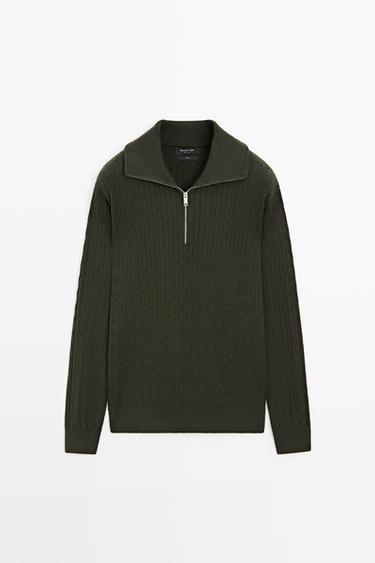 Zara Mock neck knit zip sweater - KHAKI - Image 0