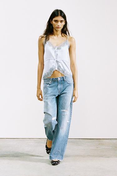 SATIN TOP WITH LACE TRIM - Pastel blue by Zara