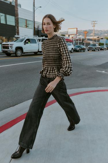 CHECK SMOCKED SHIRT - Brown / Ecru by Zara