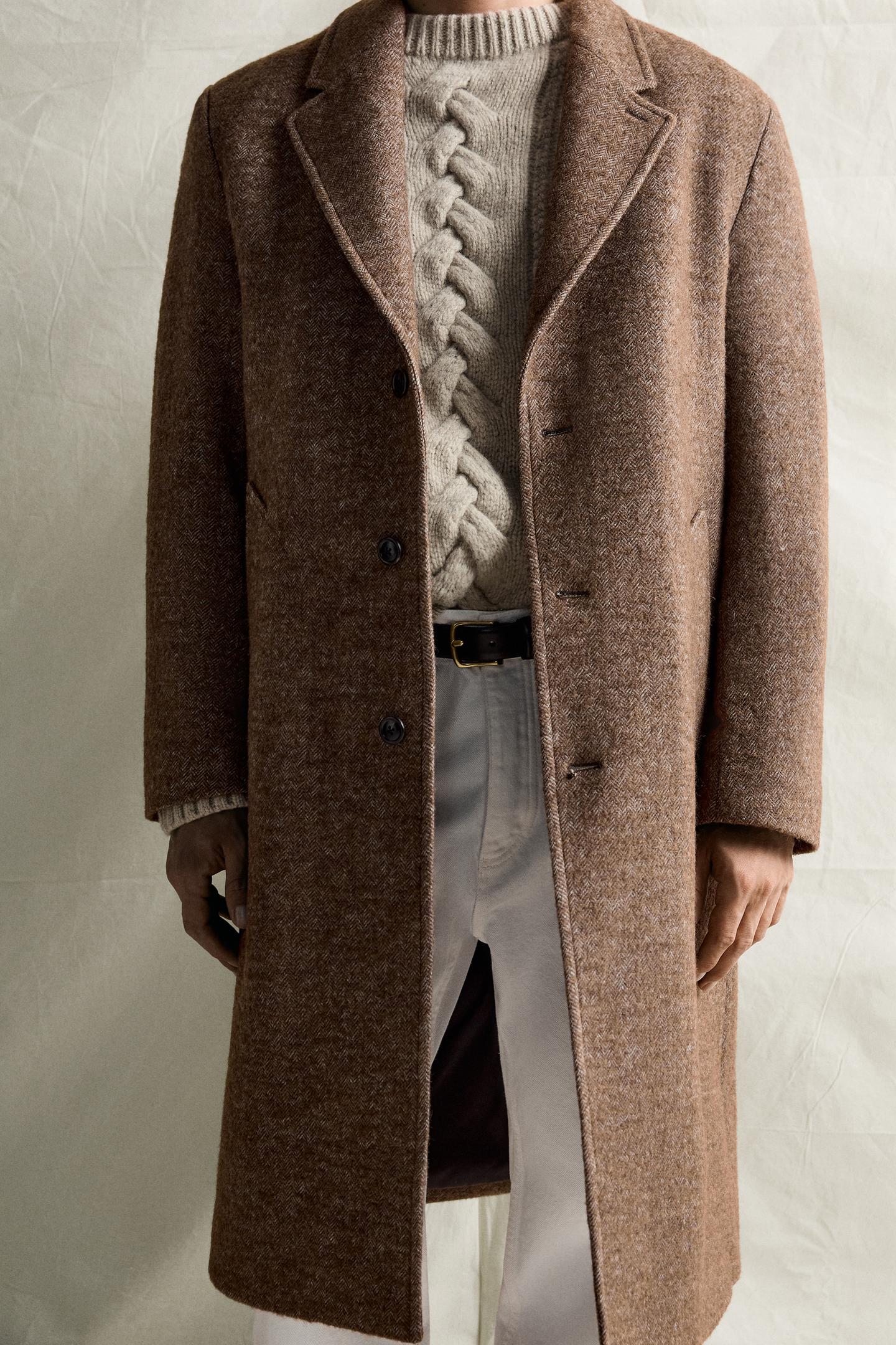 Мужское пальто Zara Herringbone Wool-Blend, цвет: Светлый коричневый — фото 6