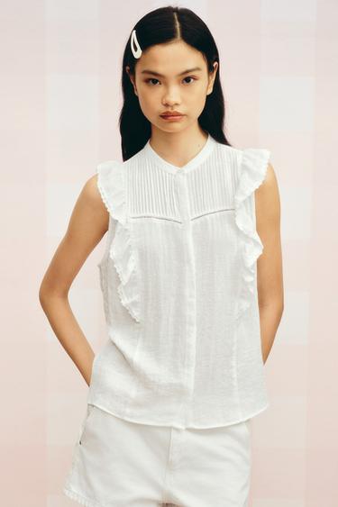 Zara 浪漫風荷葉邊罩衫 - 白色