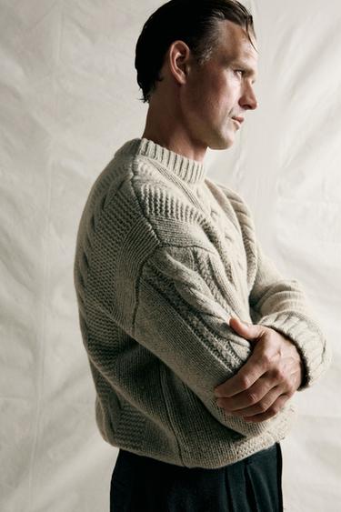 100% WOOL CABLE-KNIT BOTONATO JUMPER — Sand / Marl 1