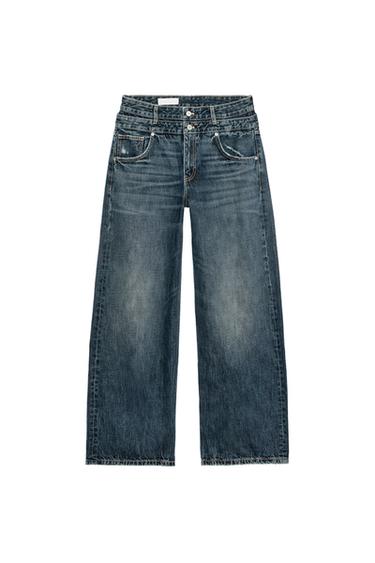 Zara TRF STRAIGHT-LEG MID-RISE DOUBLE WAISTBAND JEANS - Blue