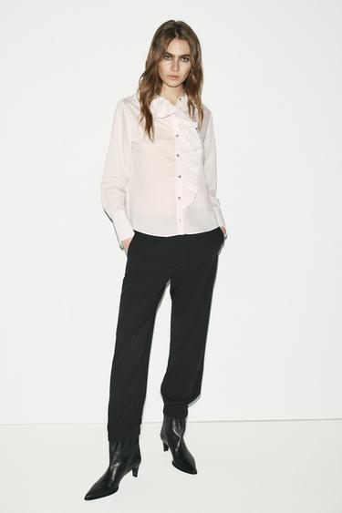 Zara RUFFLED STRIPED SHIRT - Black / White