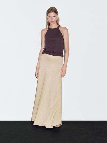 Zara Long herringbone cotton blend skirt - Ecru