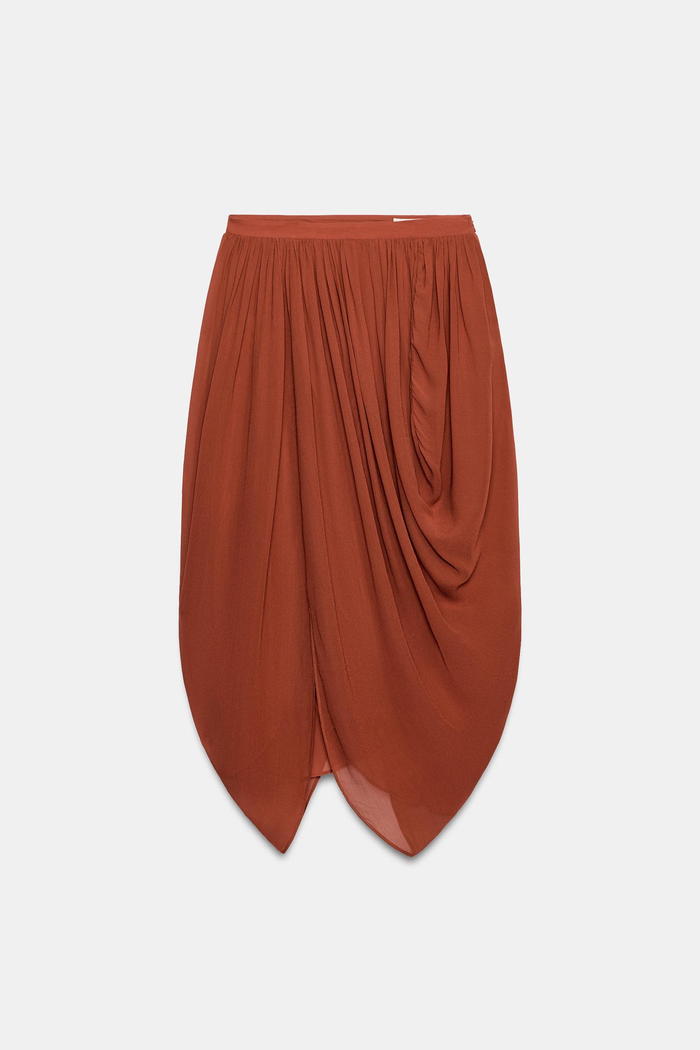 Женская юбка Zara Asymmetric Draped MIDI Skirt ZW Collection, цвет: Кирпичный — фото 7