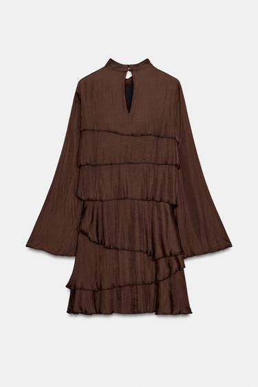 SHORT SATIN DRESS WITH RUFFLES - Brown by Zara - Image 8