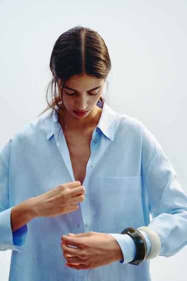 Zara OVERSIZED LINEN BLEND SHIRT - Light blue