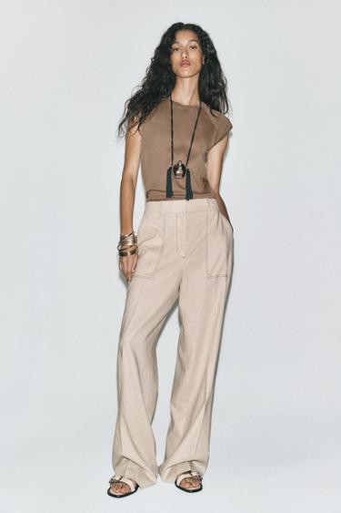 LINEN BLEND STRAIGHT-LEG TROUSERS WITH TOPSTITCHING - Light beige by Zara
