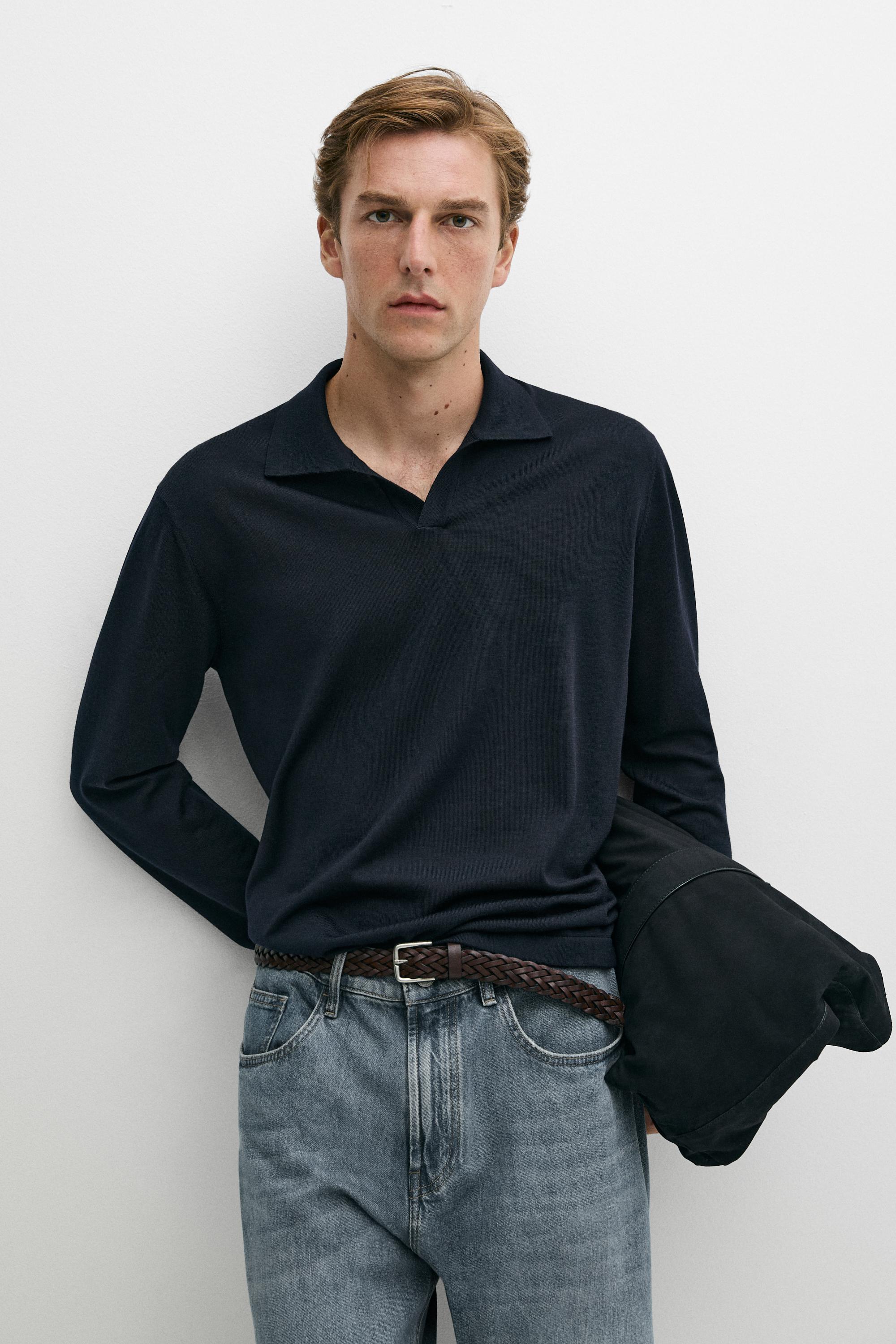 100% merino wool knit polo sweater — Navy blue
