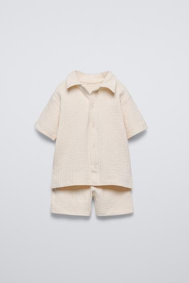 Zara TEXTURED SHIRT AND SHORTS MATCHING SET - Ecru