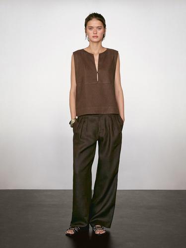 Zara 100% linen blouse with seam details - Brown
