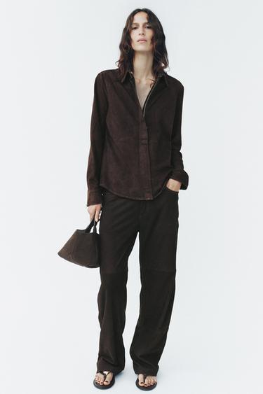 بنطلون 100% جلد السويد ZW COLLECTION LIMITED EDITION - بني الخاص بـ Zara